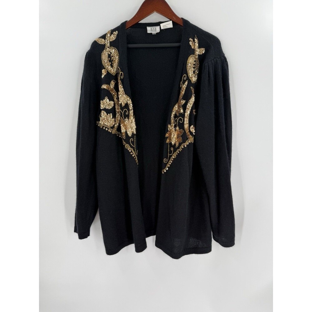 VINTAGE MADELEINE Black Angora Blend Cardigan Sweater Gold Sequins Womens MEDIUM